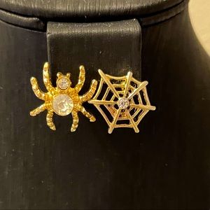 Vintage Halloween Earring Set Spider Cobweb Pair Gold-Tone Rhinestone